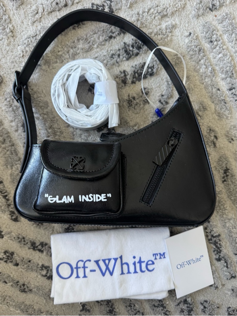 Off-White Jitney Hobo Bag Black GLAM INSIDE Logo Adjustable Strap Shoulder Bag